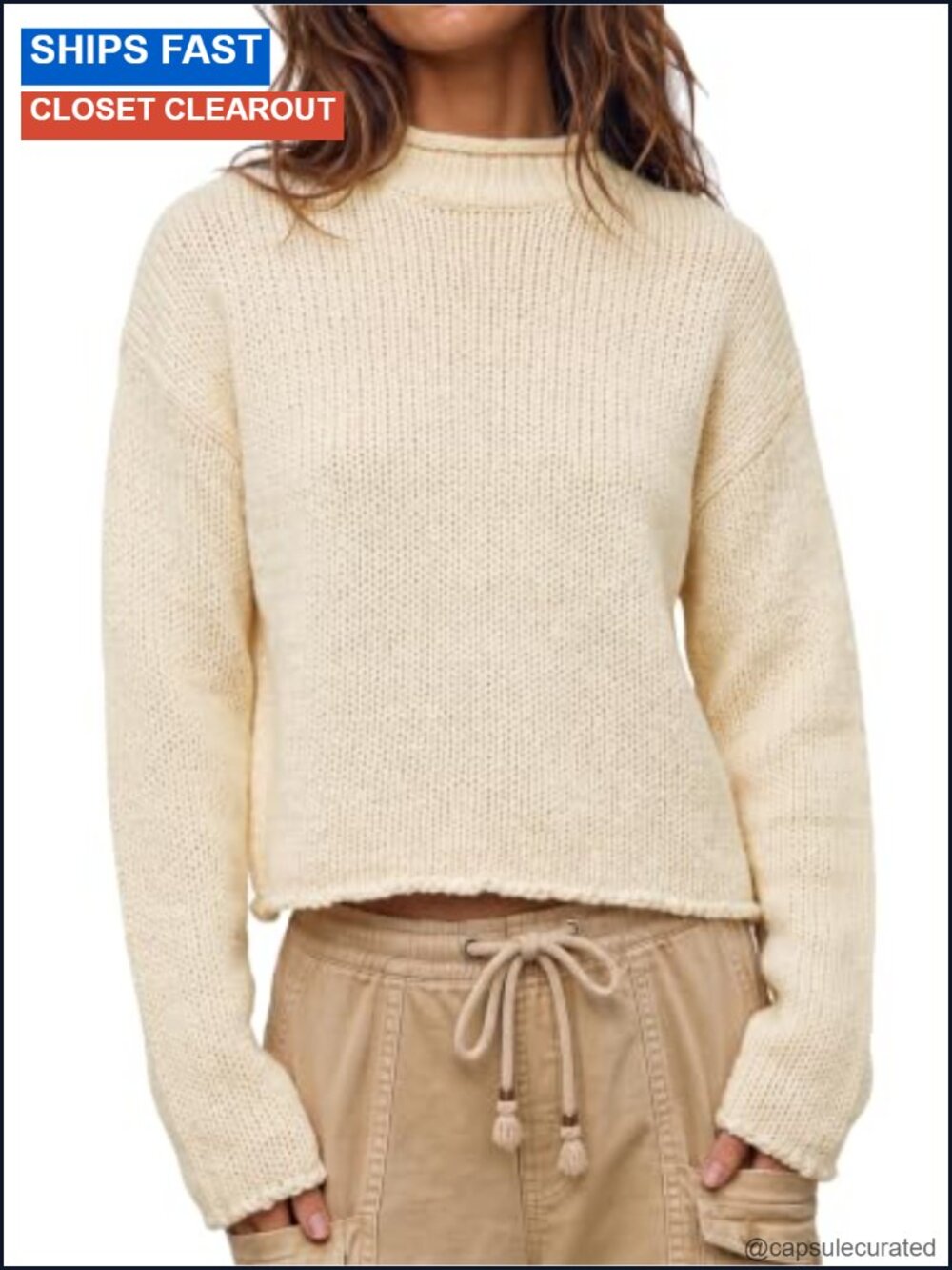 Womens Chunky Knit Cropped Sweater Rolled Mock Neck Fall Pullover